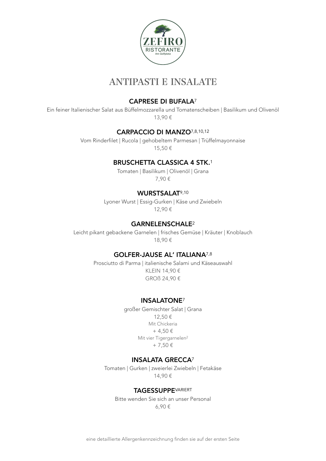 Original-Speisekarte, Seite 1: Antipasti und Salate mit Preisen